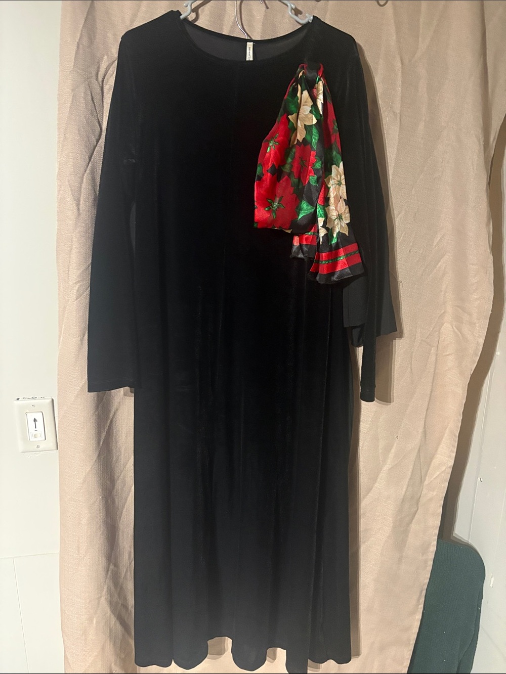 White Stag Black Velvet Maxi Dress with Festive Red & Green Scarf